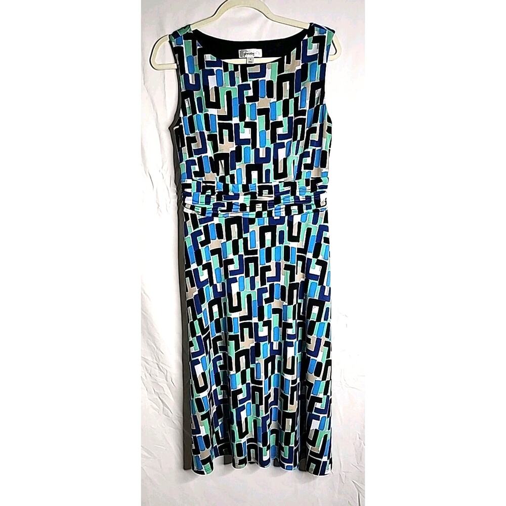 Dressbarn Dress Size 10 Blue & Black Geometric Print Scoop Neck Ruched Waist